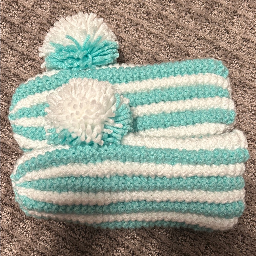 Mint green and White Striped home knit granny slippers. Fits size 8-10